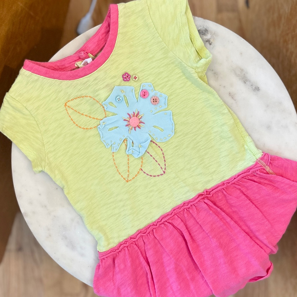 ❤️ 4/$20 4T Baby Lulu Girls Pink Green Drop Waist Dress Cotton Knit Flower